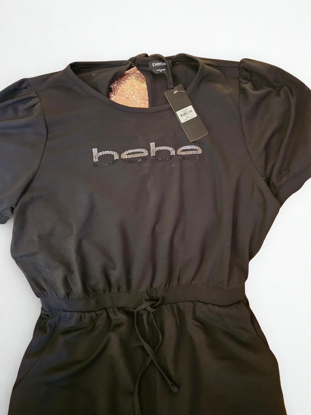 bebe Black Rhinestone Logo Tee Dress